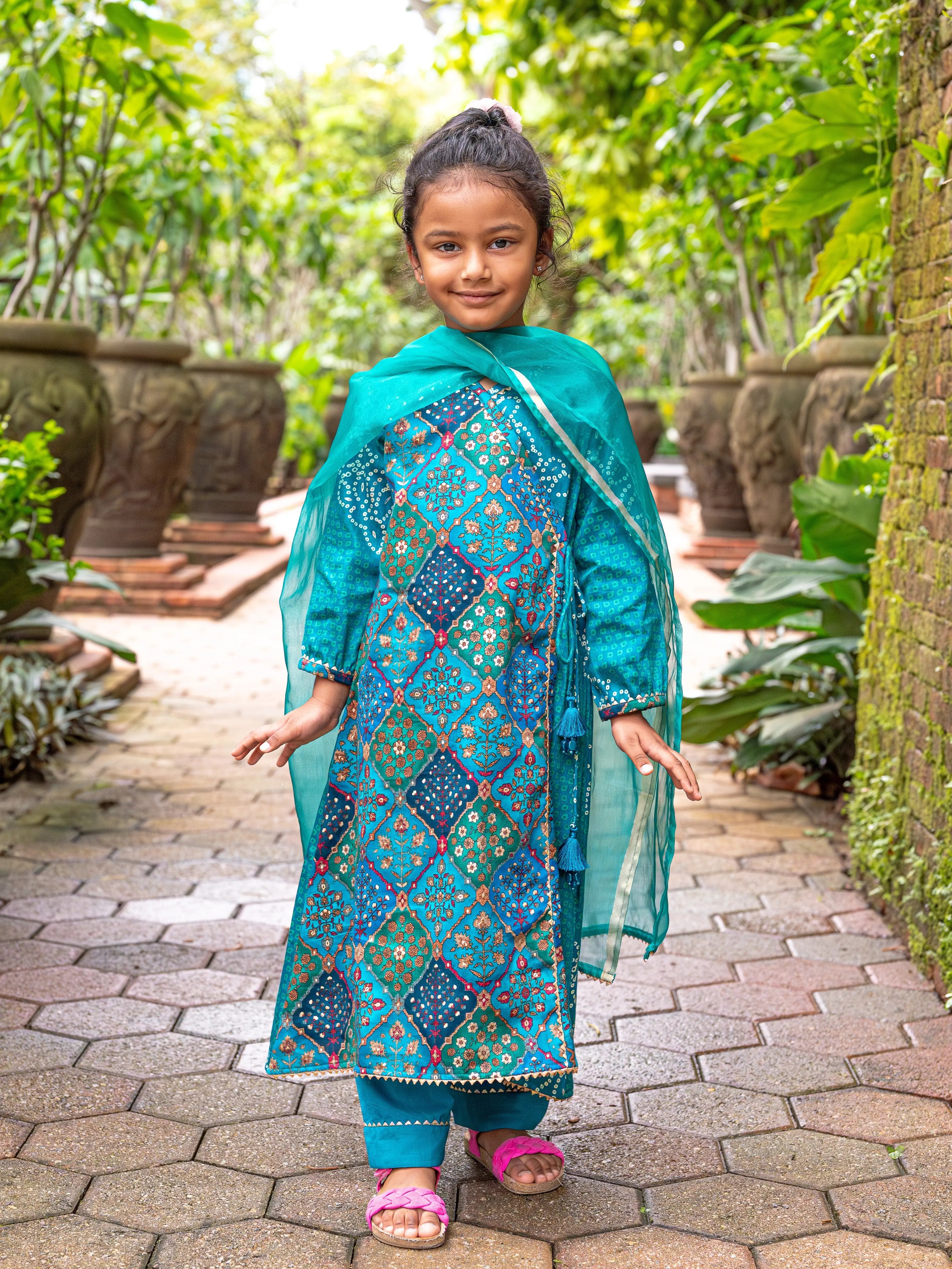 Shan Green Girls Angrakha Kurti Pant with Dupatta Set in Muslin Cotton Nimbu