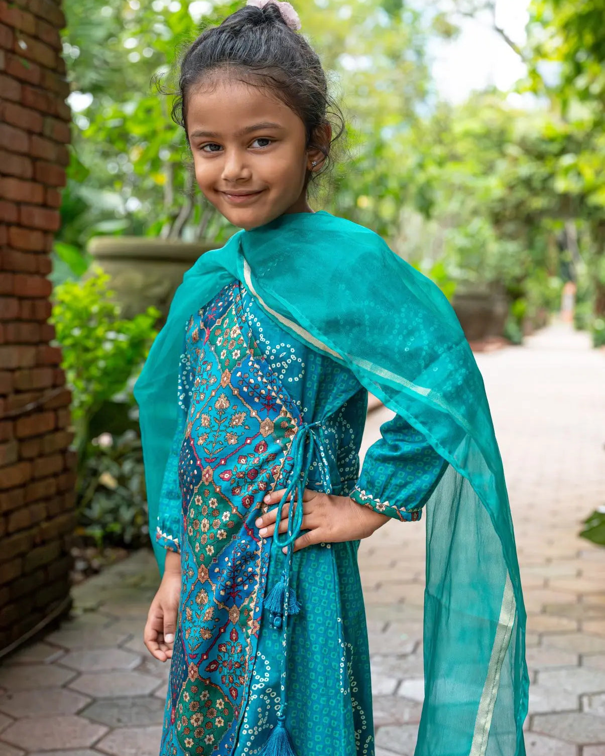 Shan Green Girls Angrakha Kurti Pant with Dupatta Set in Muslin Cotton Nimbu