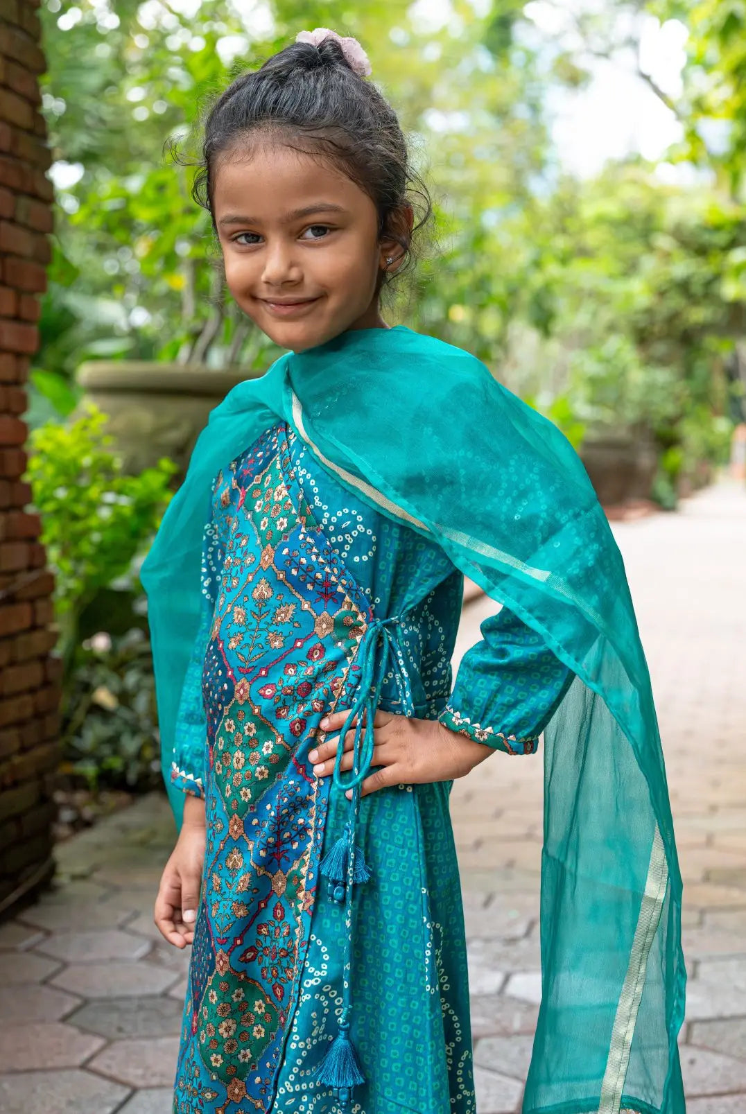 Shan Green Girls Angrakha Kurti Pant with Dupatta Set in Muslin Cotton Nimbu