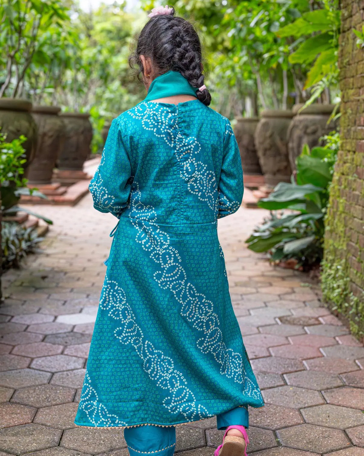 Shan Green Girls Angrakha Kurti Pant with Dupatta Set in Muslin Cotton Nimbu