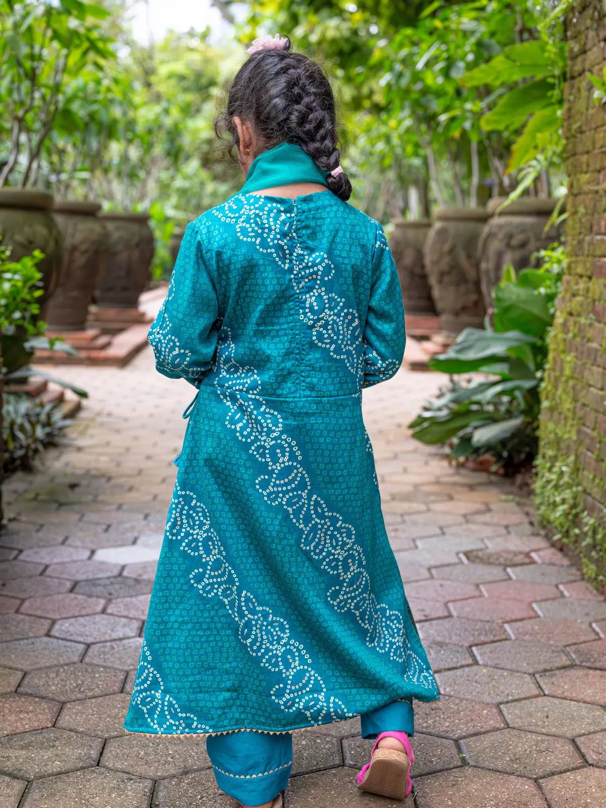 Shan Green Girls Angrakha Kurti Pant with Dupatta Set in Muslin Cotton Nimbu