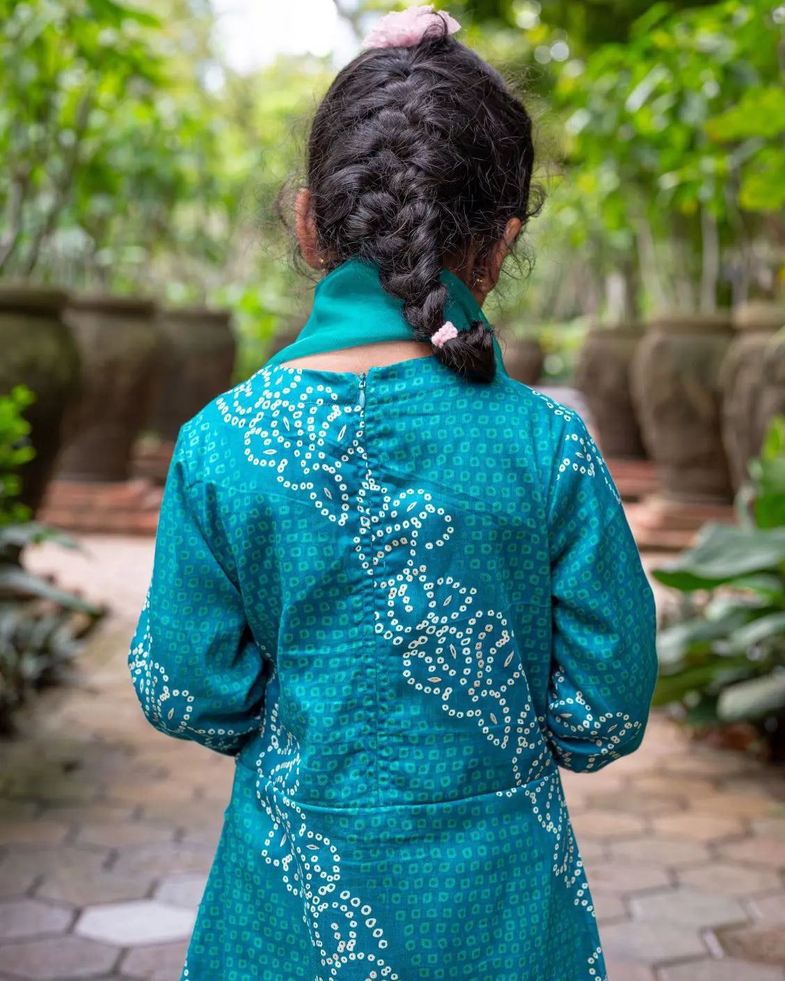 Shan Green Girls Angrakha Kurti Pant with Dupatta Set in Muslin Cotton Nimbu