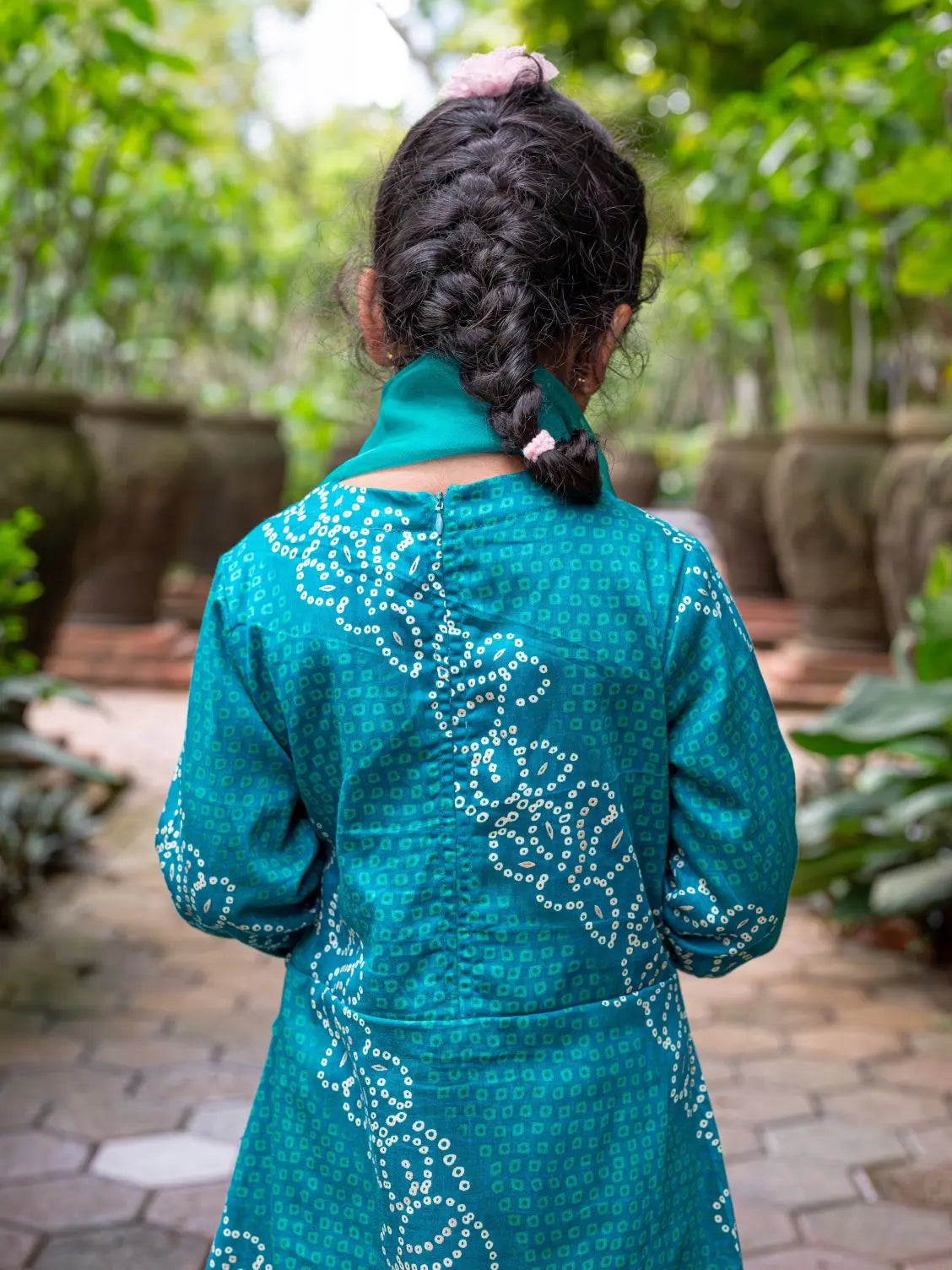 Shan Green Girls Angrakha Kurti Pant with Dupatta Set in Muslin Cotton Nimbu