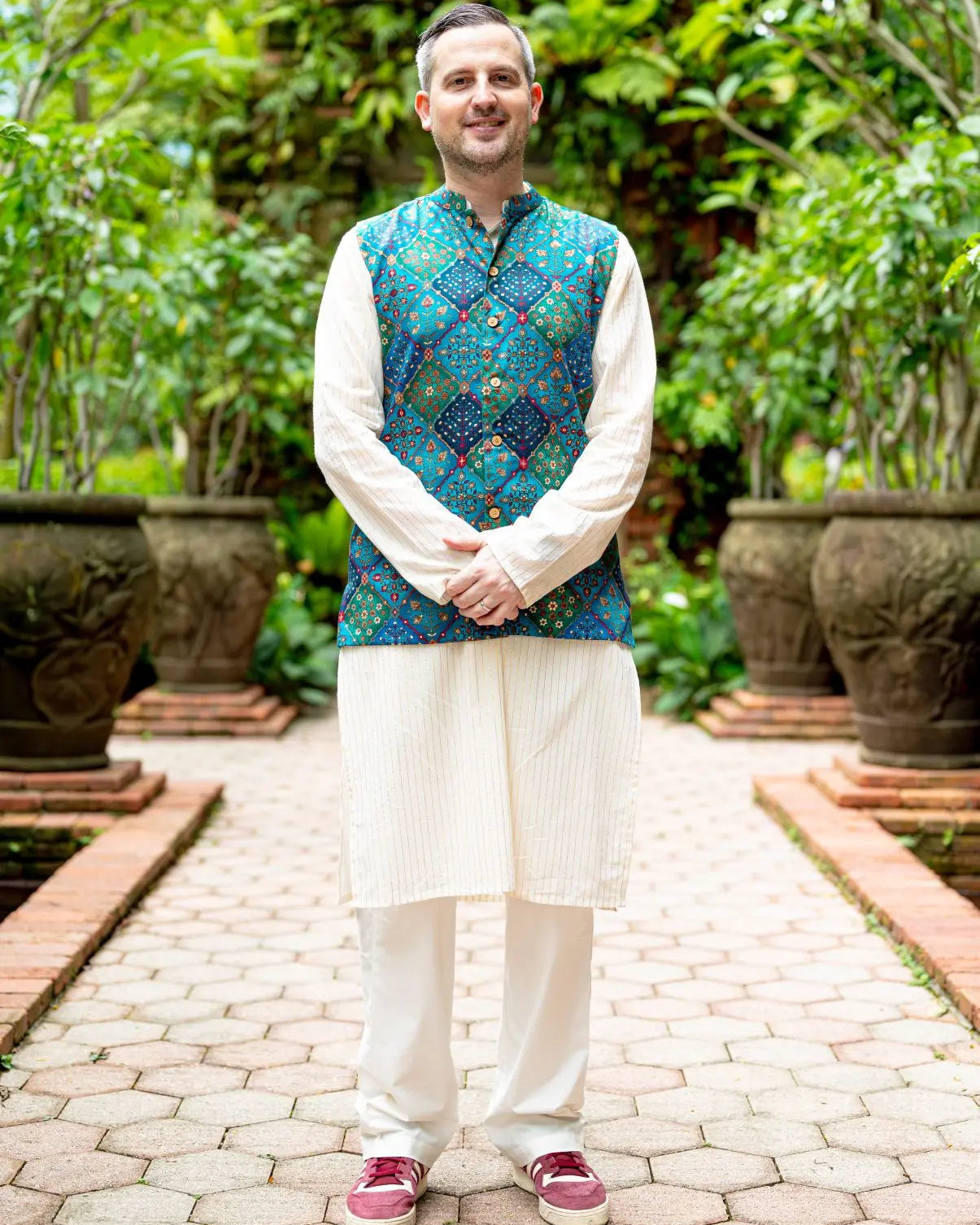 Shan Green Men's 3pc Kurta Jacket set in Muslin Cotton Nimbu