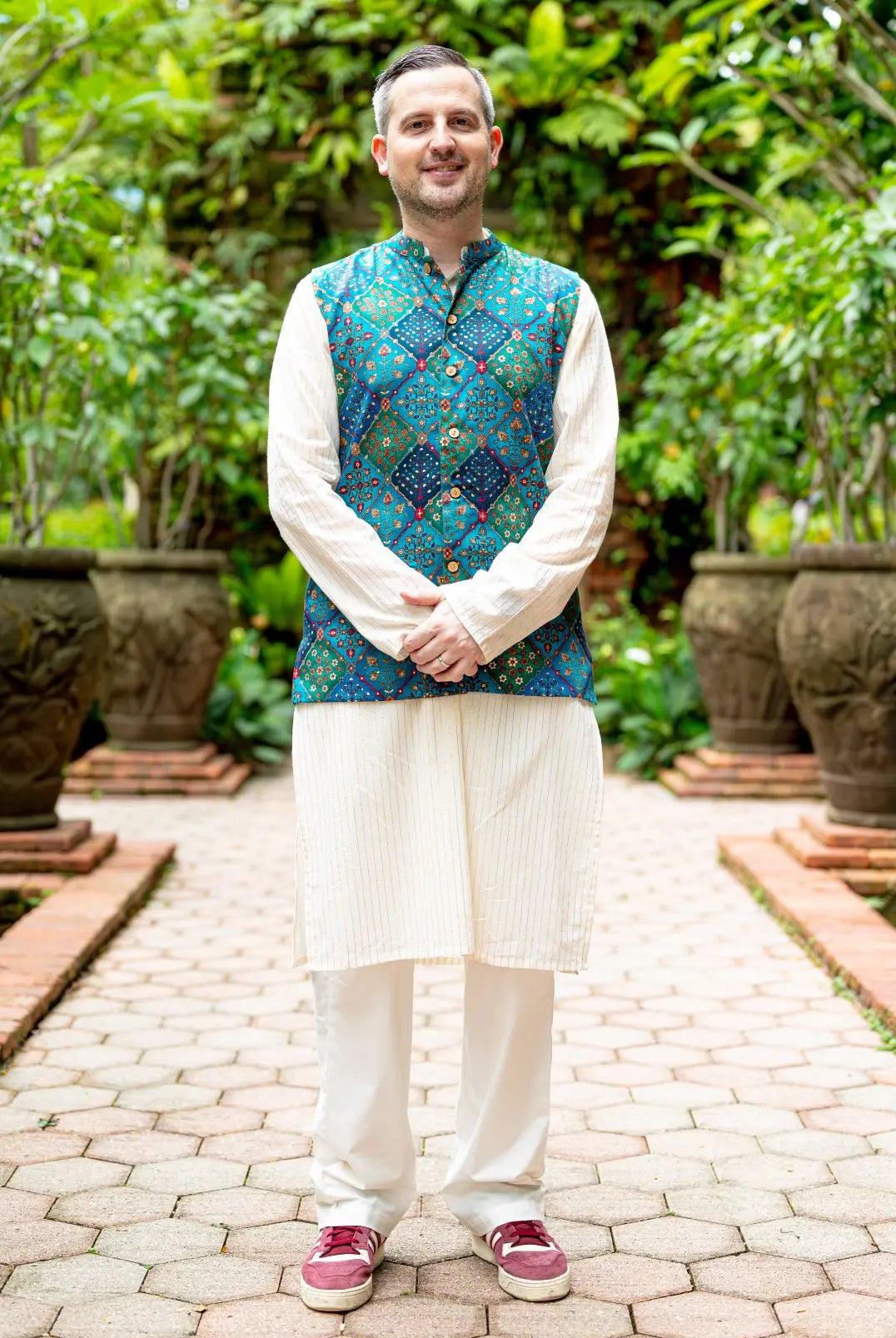 Shan Green Men's 3pc Kurta Jacket set in Muslin Cotton Nimbu