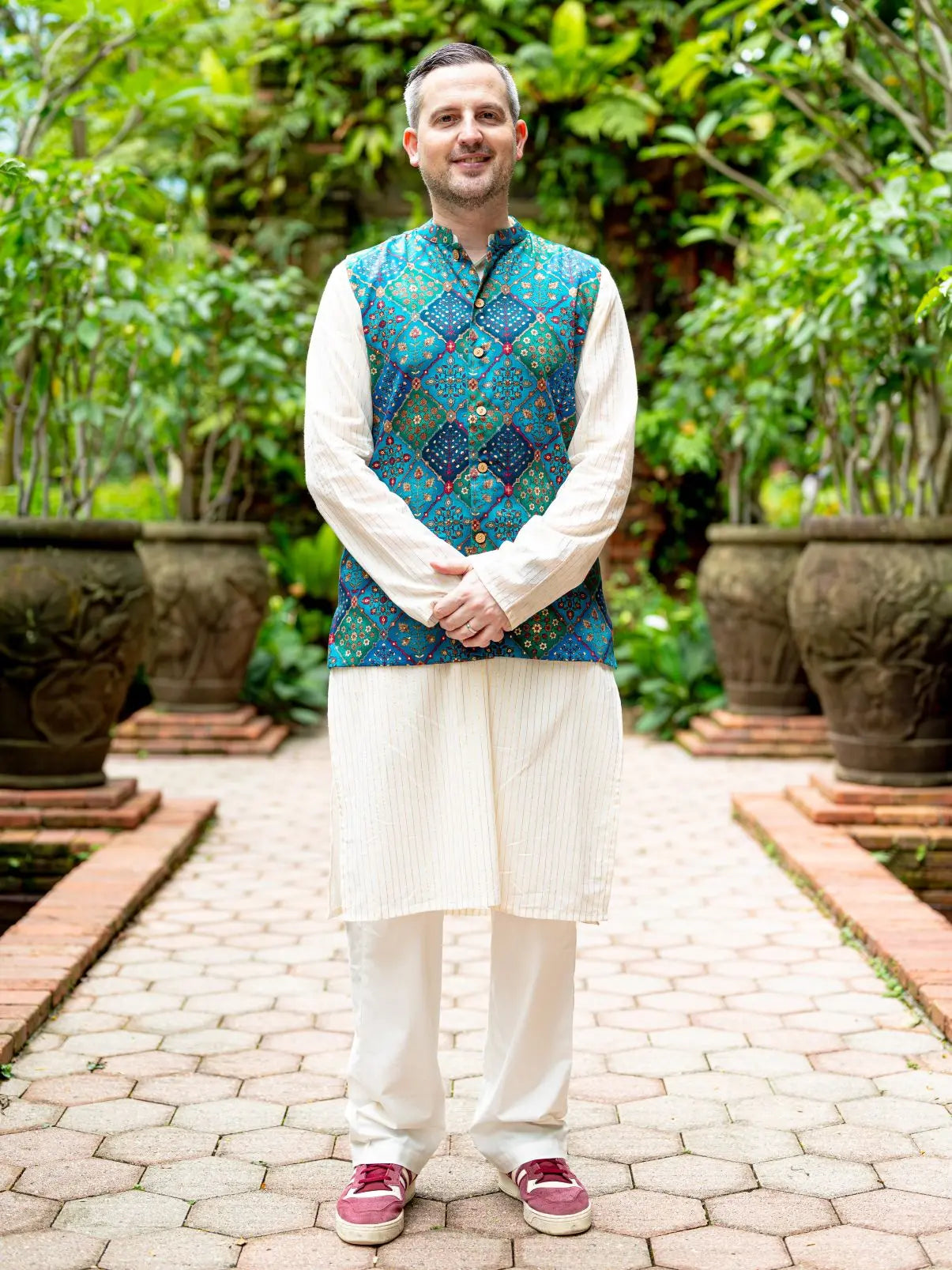 Shan Green Men's 3pc Kurta Jacket set in Muslin Cotton Nimbu