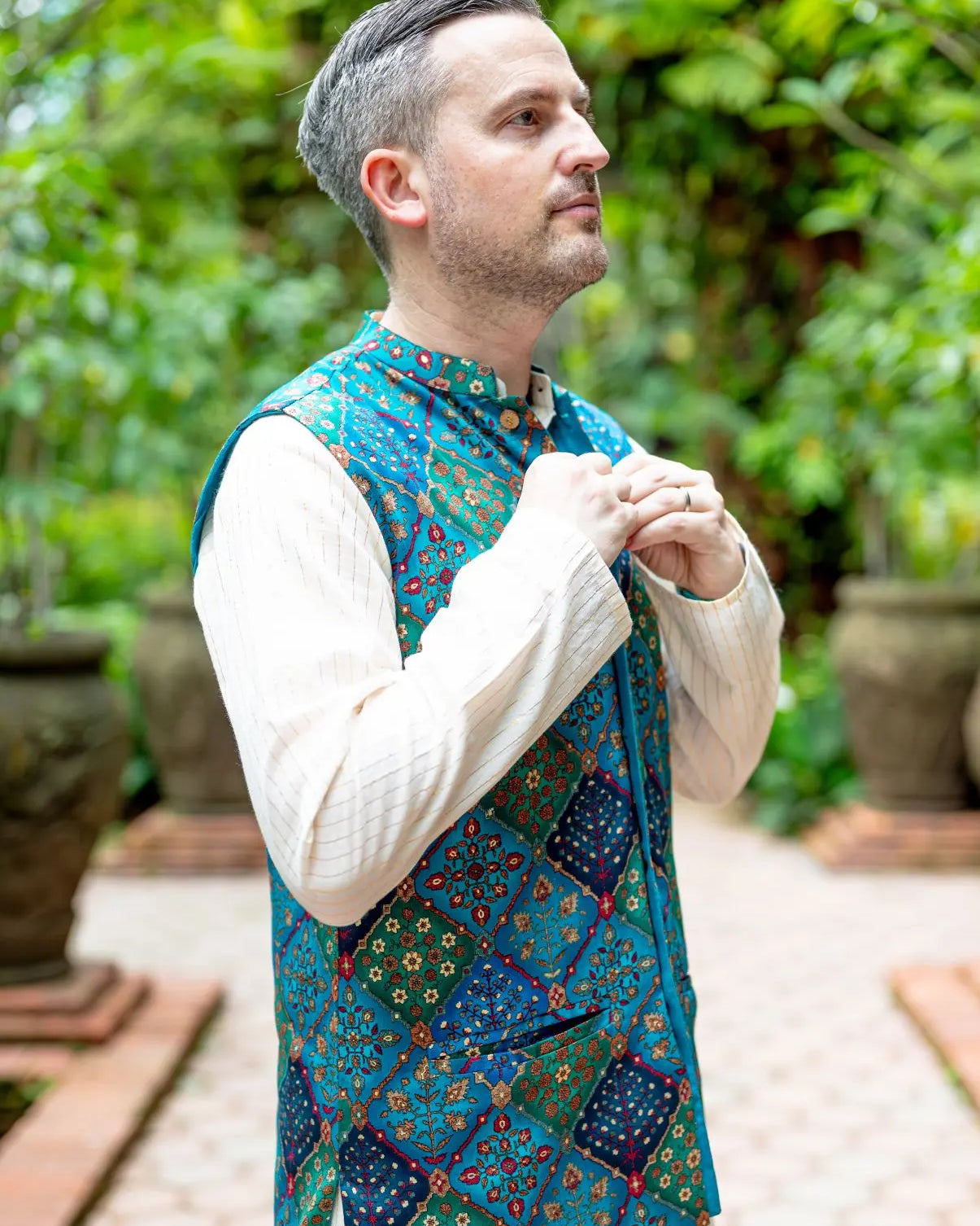 Shan Green Men's 3pc Kurta Jacket set in Muslin Cotton Nimbu