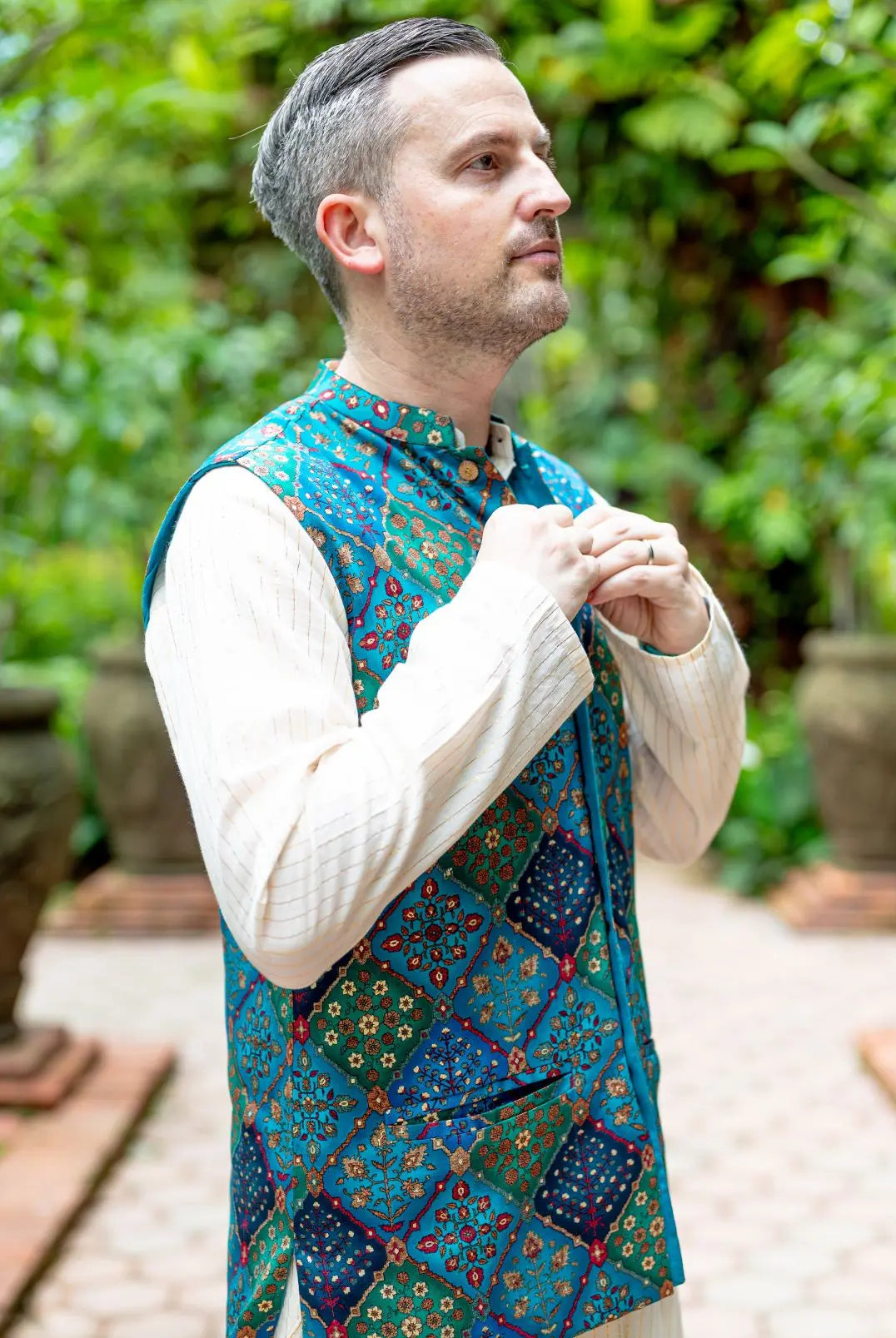 Shan Green Men's 3pc Kurta Jacket set in Muslin Cotton Nimbu