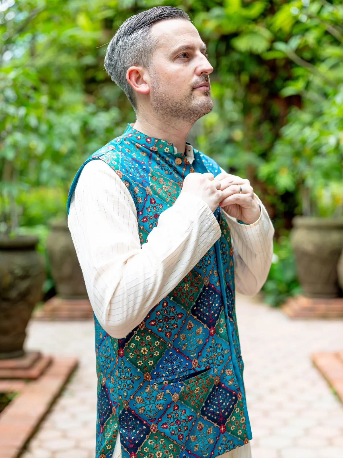 Shan Green Men's 3pc Kurta Jacket set in Muslin Cotton Nimbu