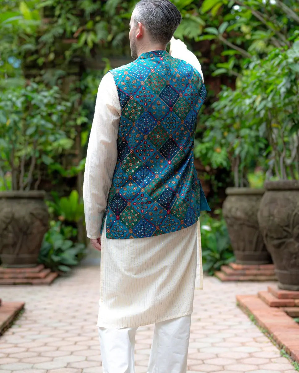 Shan Green Men's 3pc Kurta Jacket set in Muslin Cotton Nimbu