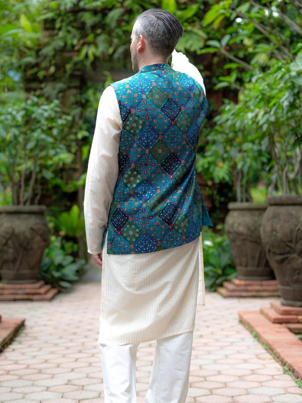 Shan Green Men's 3pc Kurta Jacket set in Muslin Cotton Nimbu