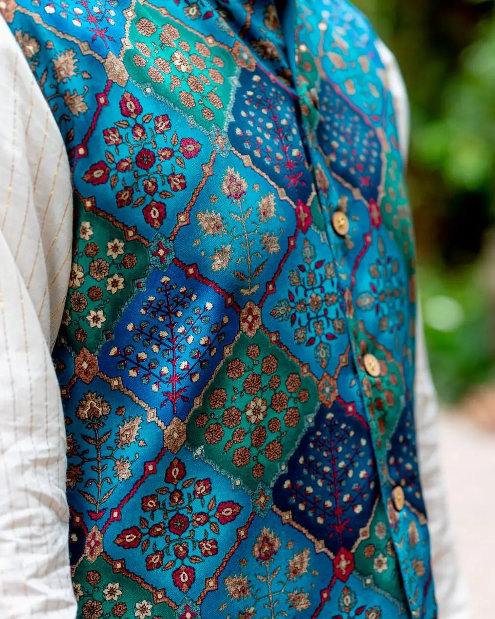 Shan Green Men's 3pc Kurta Jacket set in Muslin Cotton Nimbu