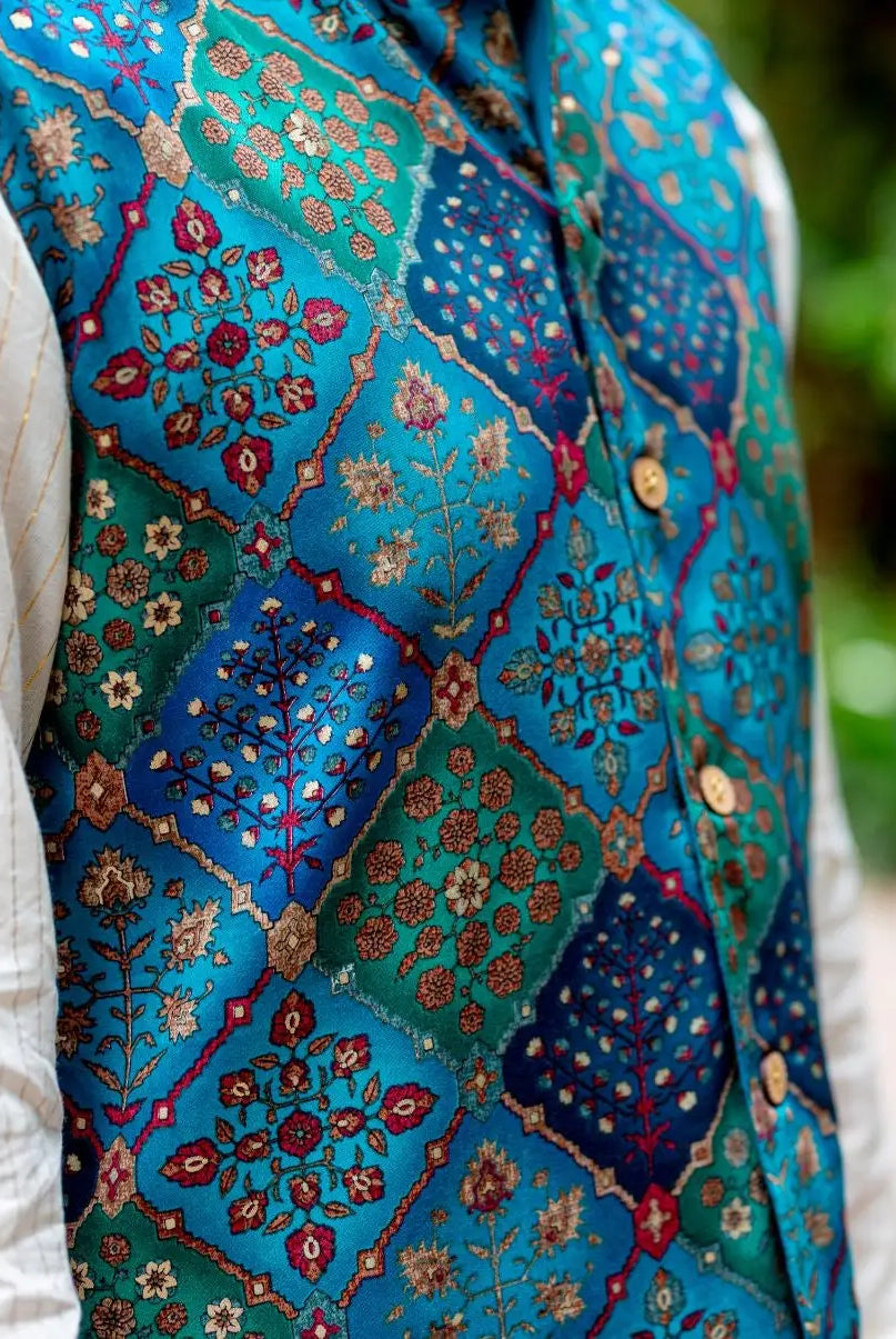 Shan Green Men's 3pc Kurta Jacket set in Muslin Cotton Nimbu