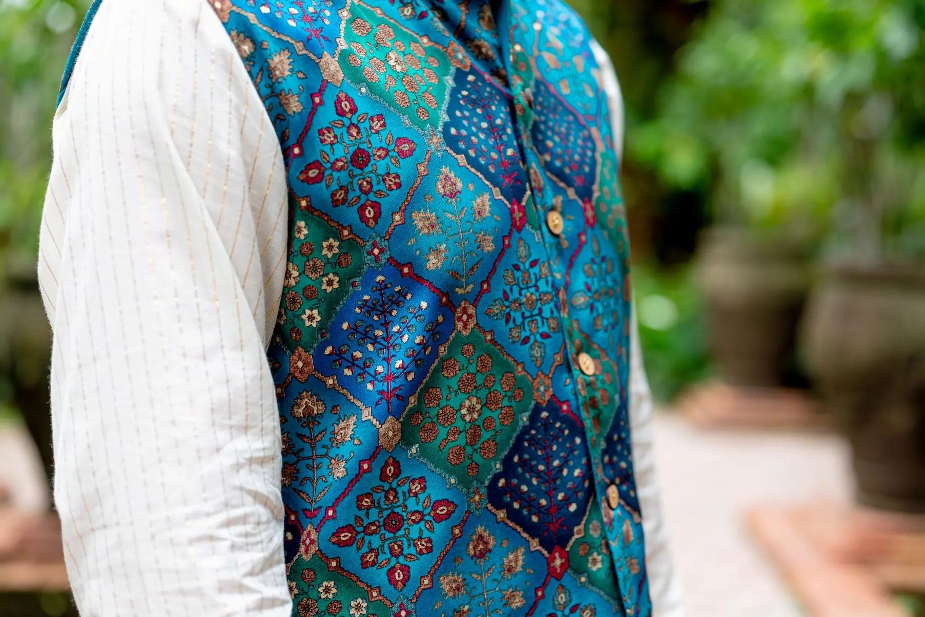 Shan Green Men's 3pc Kurta Jacket set in Muslin Cotton Nimbu