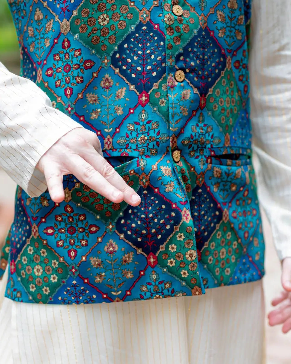 Shan Green Men's 3pc Kurta Jacket set in Muslin Cotton Nimbu