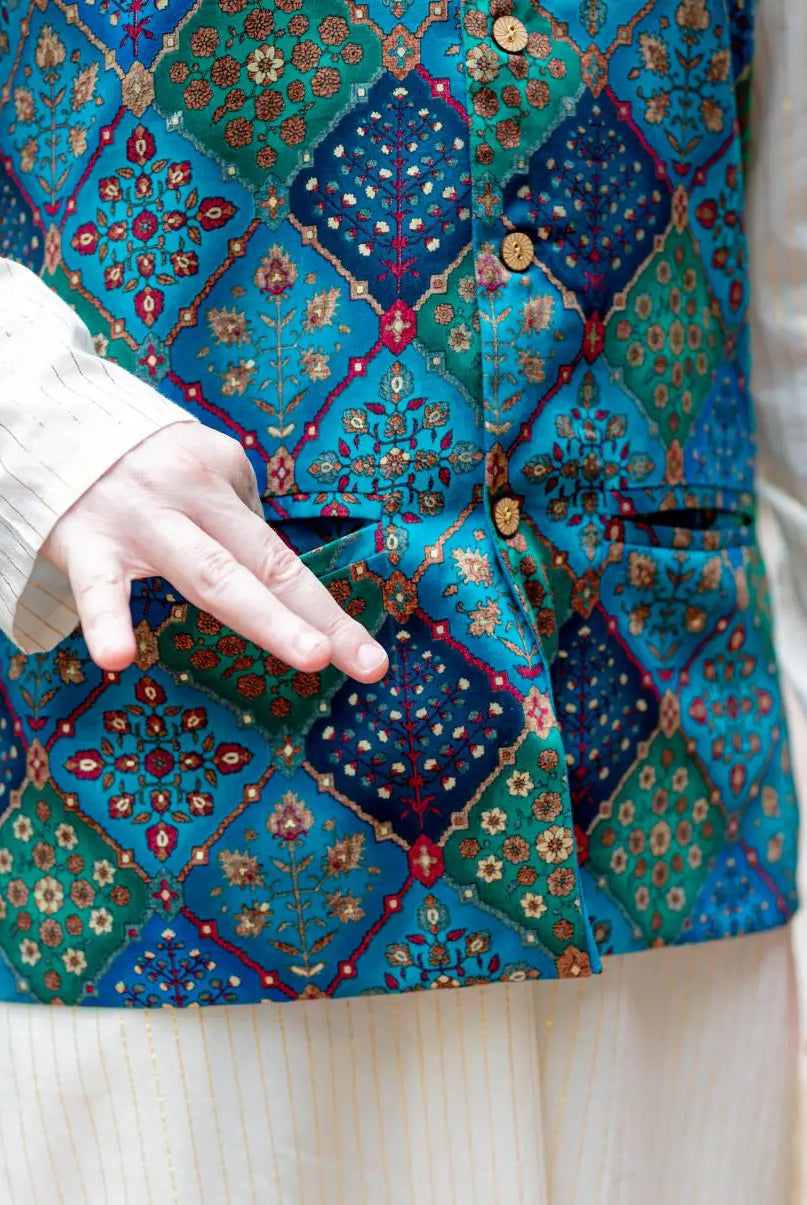 Shan Green Men's 3pc Kurta Jacket set in Muslin Cotton Nimbu