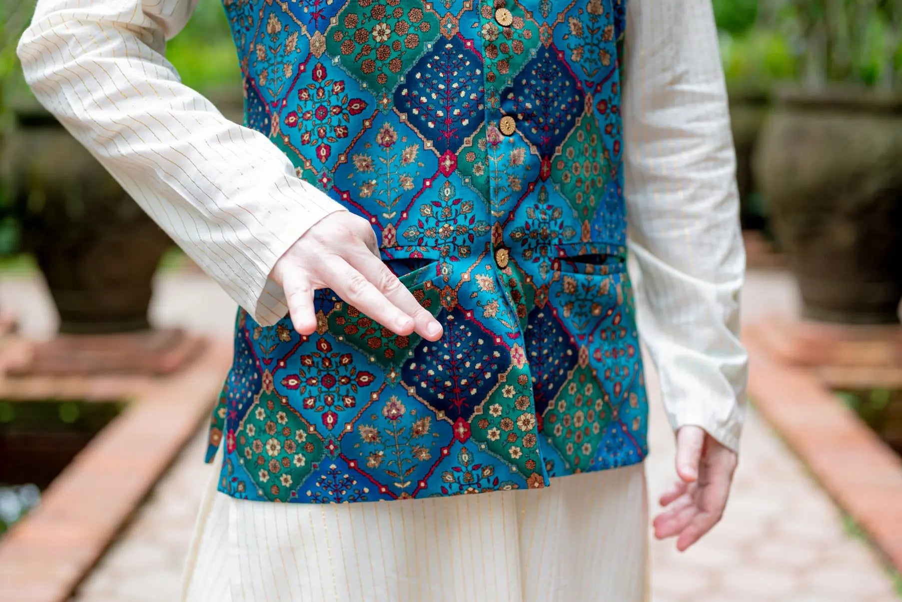 Shan Green Men's 3pc Kurta Jacket set in Muslin Cotton Nimbu