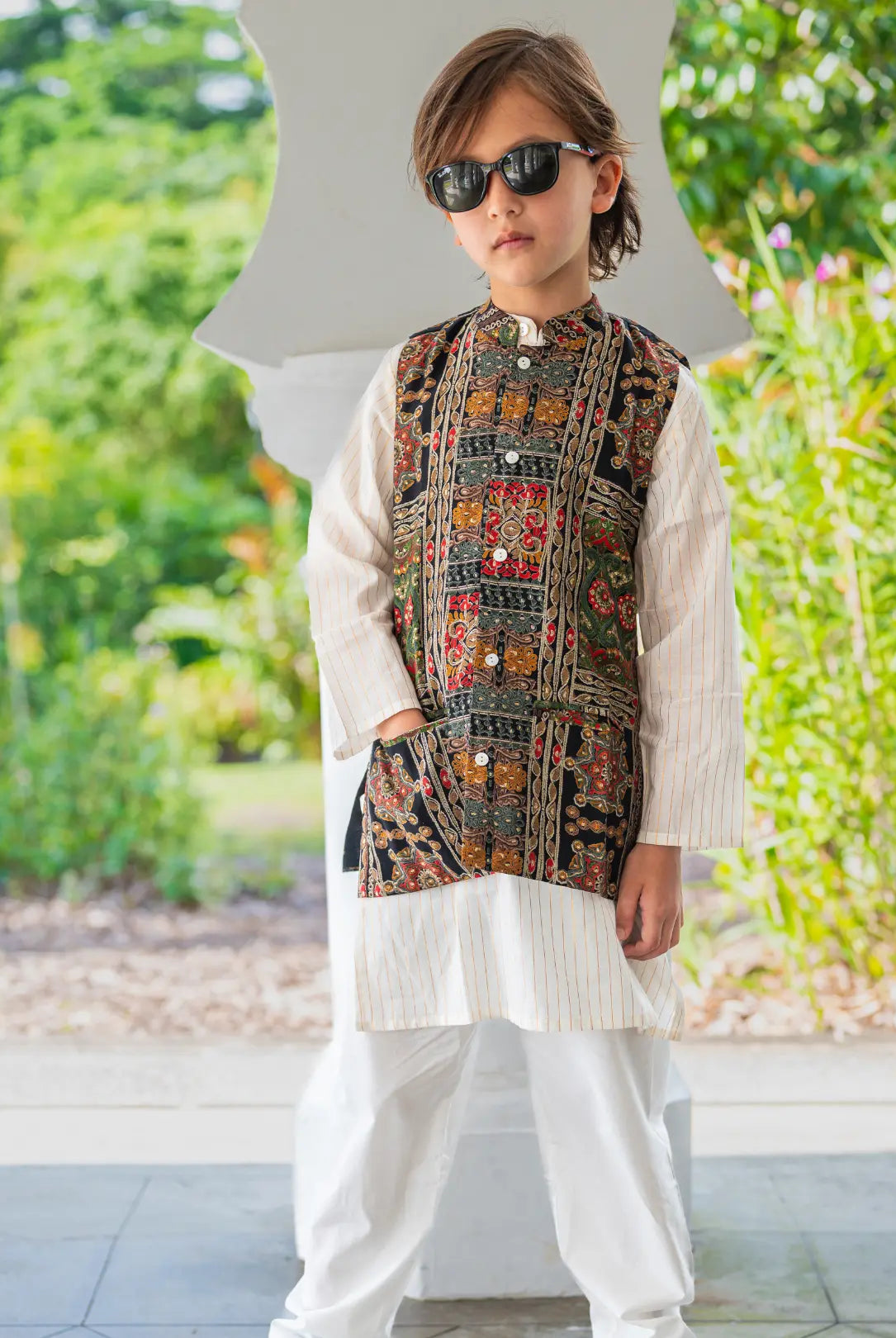 Shan Black Boys Kurta Jacket Set in Muslin Cotton Nimbu