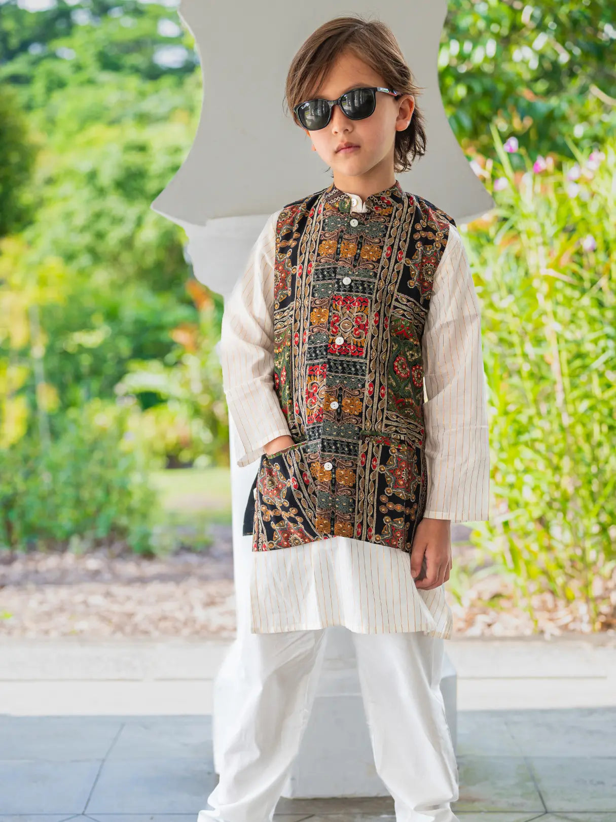 Shan Black Boys Kurta Jacket Set in Muslin Cotton Nimbu