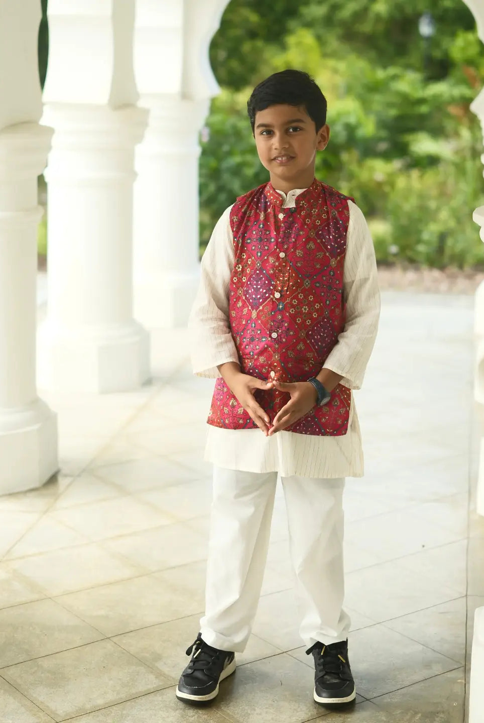 Shan Boys Muslin Cotton Kurta Pajama Jacket Set in Red Nimbu