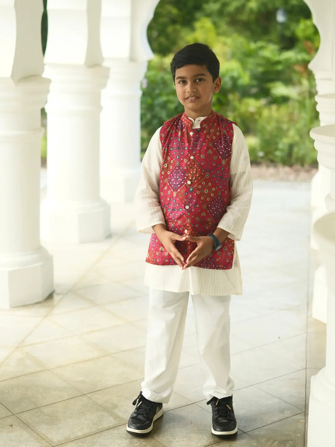 Shan Boys Muslin Cotton Kurta Pajama Jacket Set in Red Nimbu