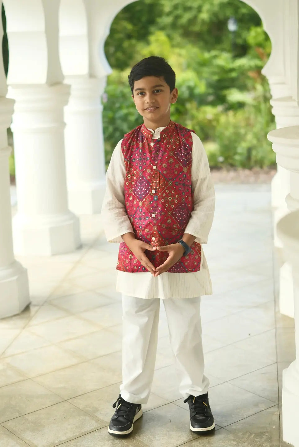 Shan Boys Muslin Cotton Kurta Pajama Jacket Set in Red Nimbu