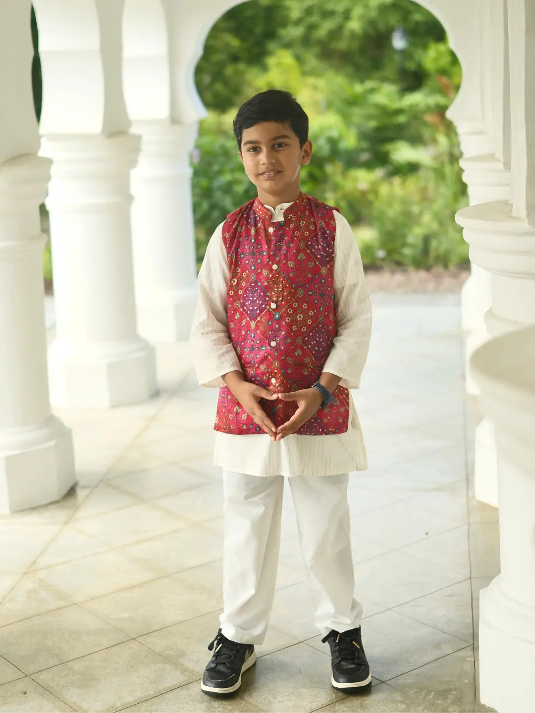 Shan Boys Muslin Cotton Kurta Pajama Jacket Set in Red Nimbu