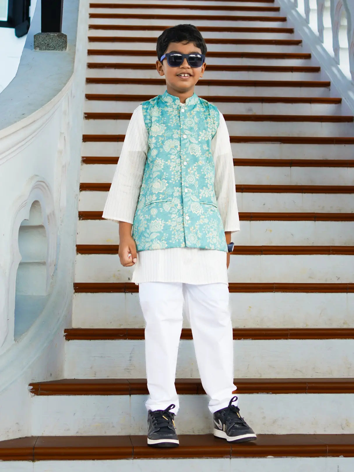 Shan Boys Muslin Cotton Kurta Pajama Jacket set in Blue Nimbu