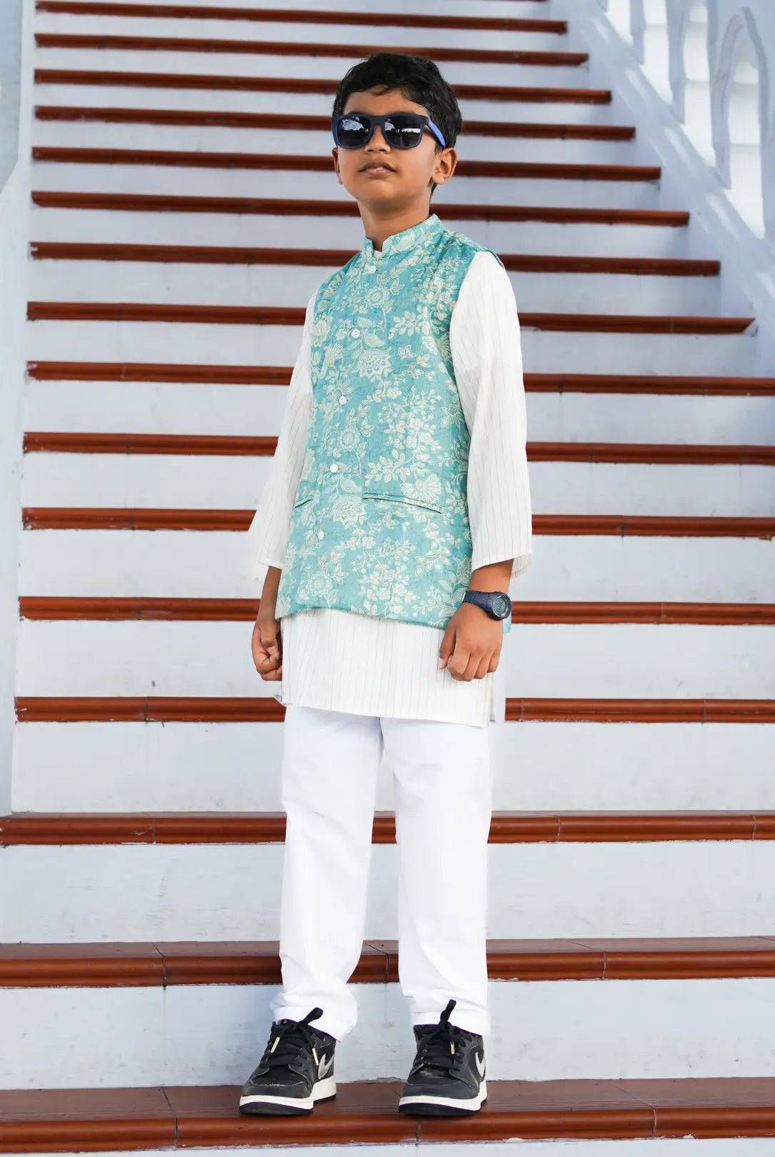 Shan Boys Muslin Cotton Kurta Pajama Jacket set in Blue Nimbu