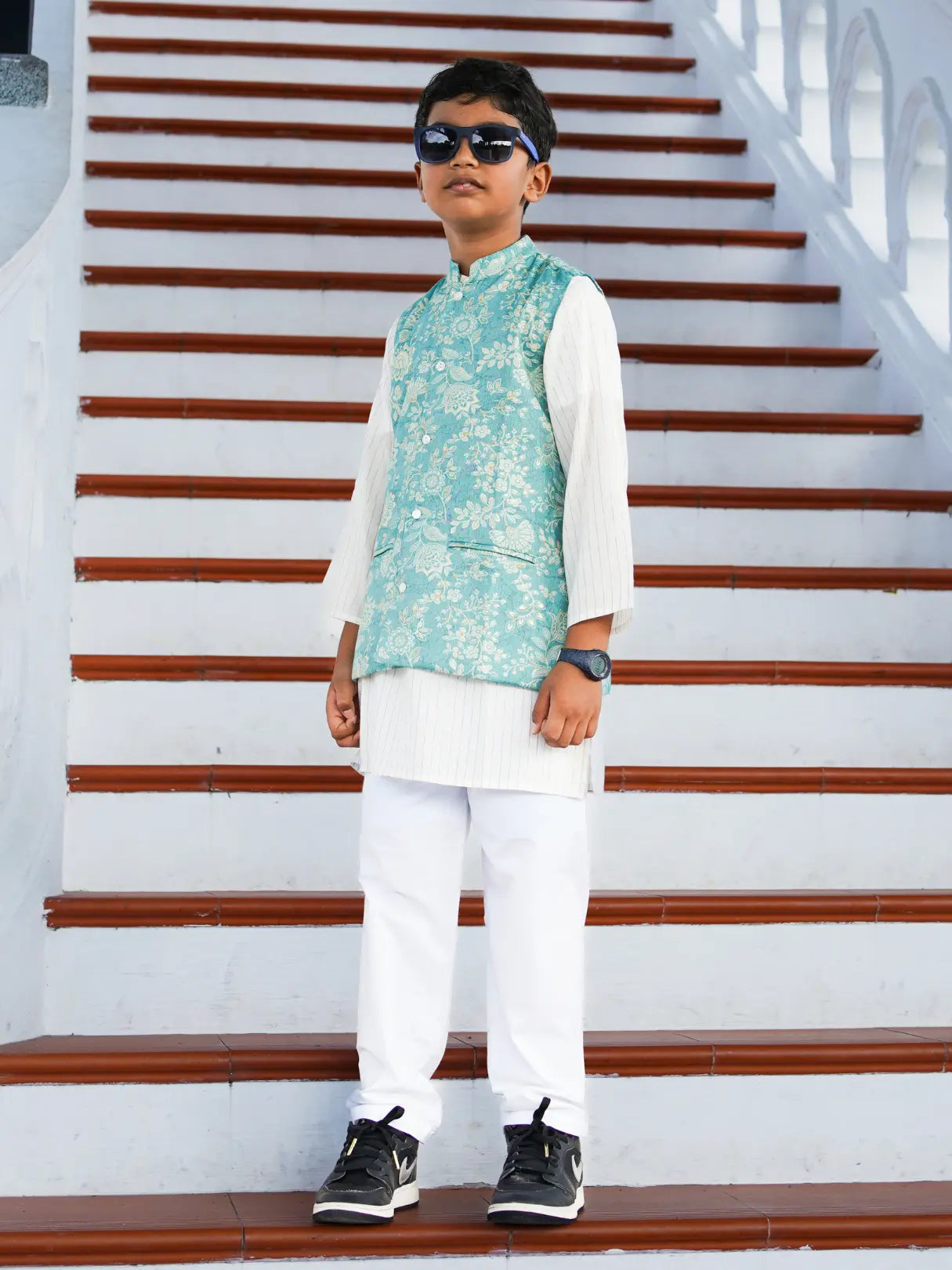 Shan Boys Muslin Cotton Kurta Pajama Jacket set in Blue Nimbu