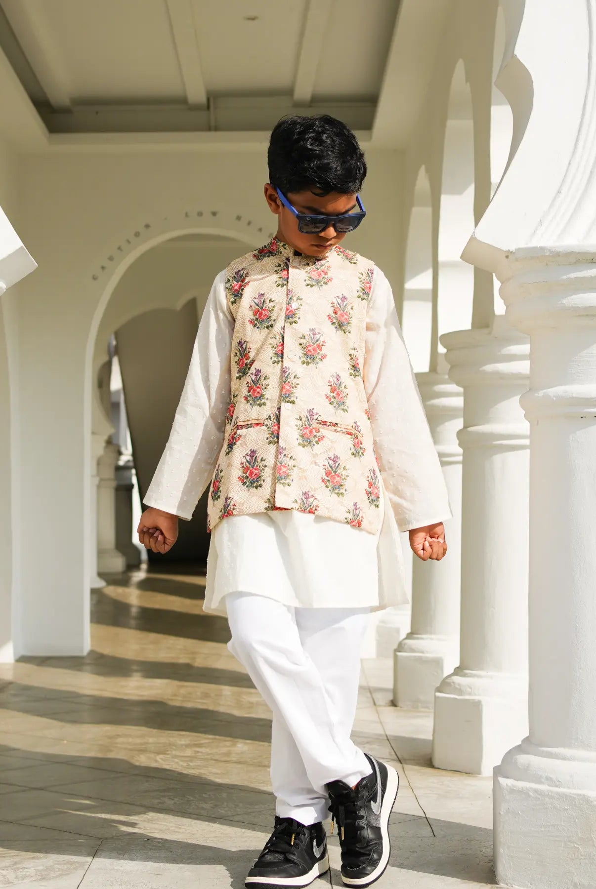 Shan Embroidered Multi-Color Floral Cotton Boys Kurta Pajama Jacket Nimbu