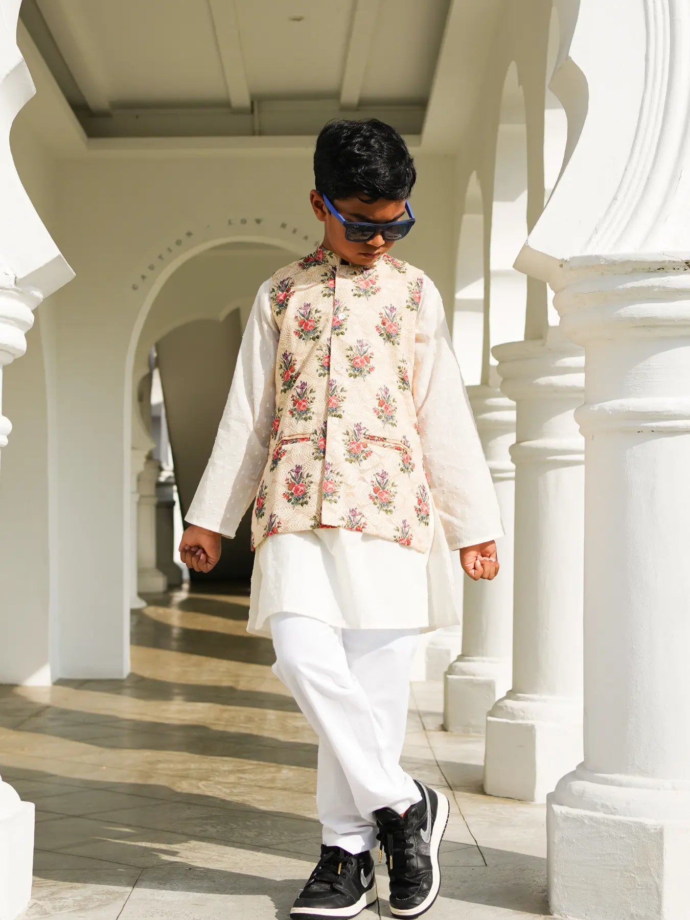 Shan Embroidered Multi-Color Floral Cotton Boys Kurta Pajama Jacket Nimbu