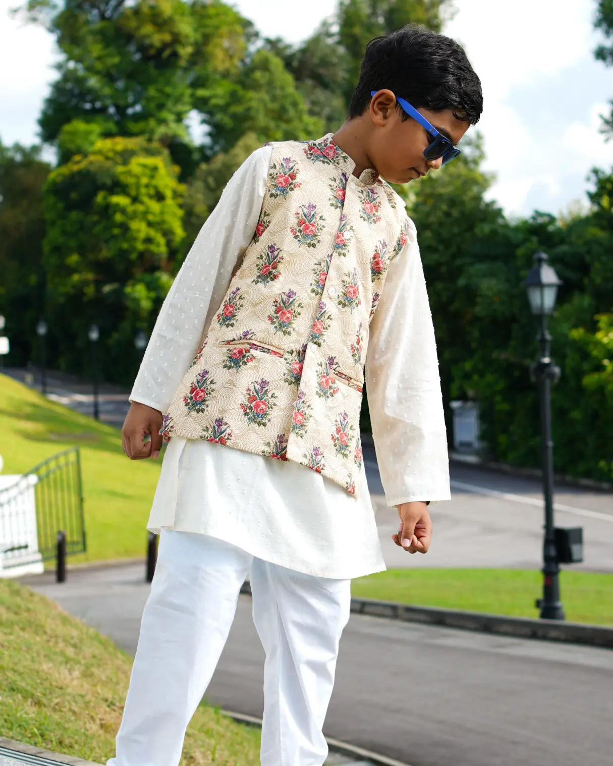 Shan Embroidered Multi-Color Floral Cotton Boys Kurta Pajama Jacket Nimbu