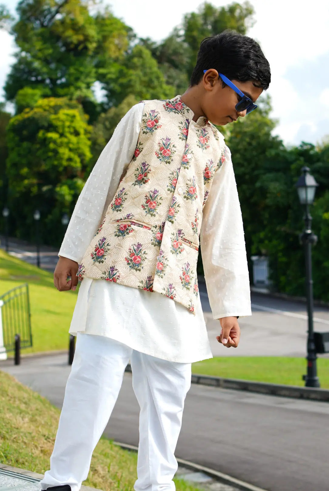 Shan Embroidered Multi-Color Floral Cotton Boys Kurta Pajama Jacket Nimbu