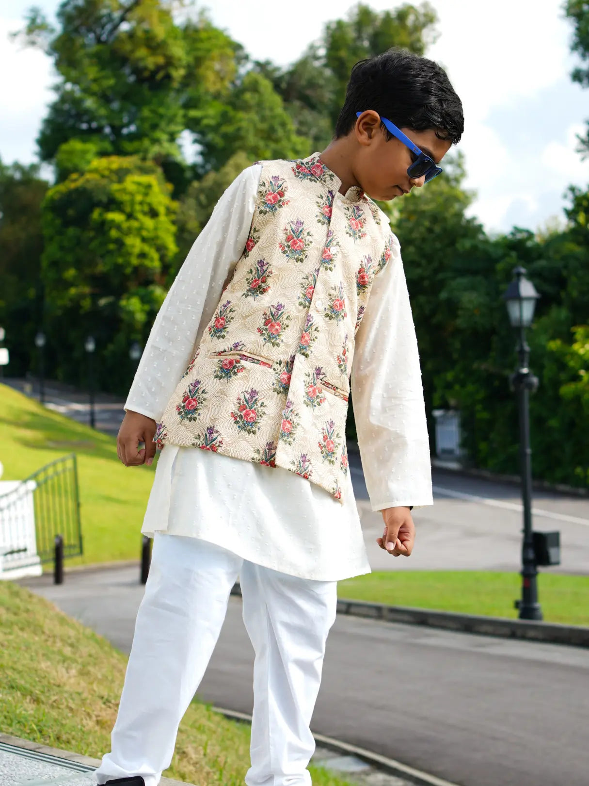 Shan Embroidered Multi-Color Floral Cotton Boys Kurta Pajama Jacket Nimbu