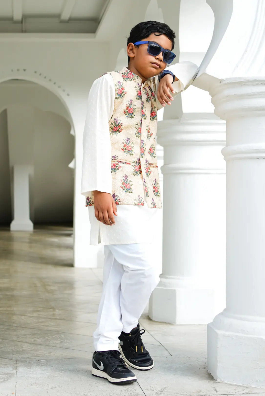 Shan Embroidered Multi-Color Floral Cotton Boys Kurta Pajama Jacket Nimbu