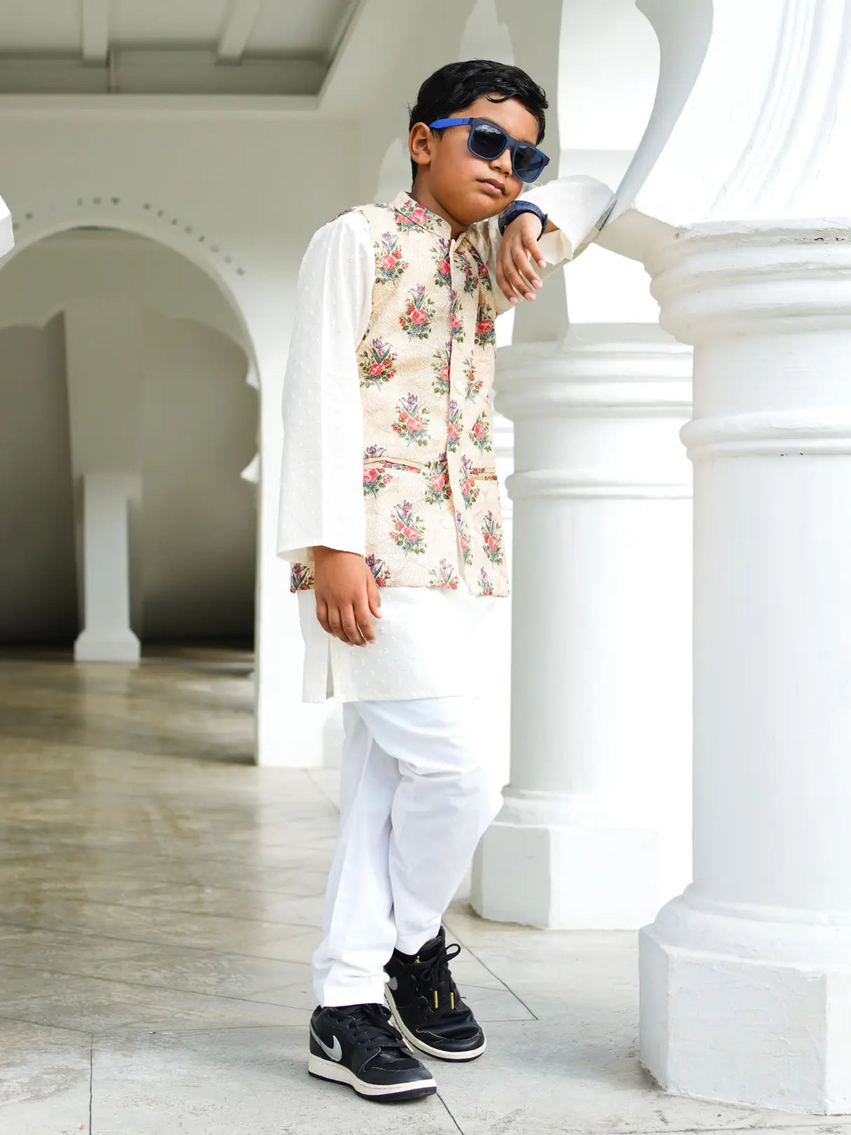 Shan Embroidered Multi-Color Floral Cotton Boys Kurta Pajama Jacket Nimbu