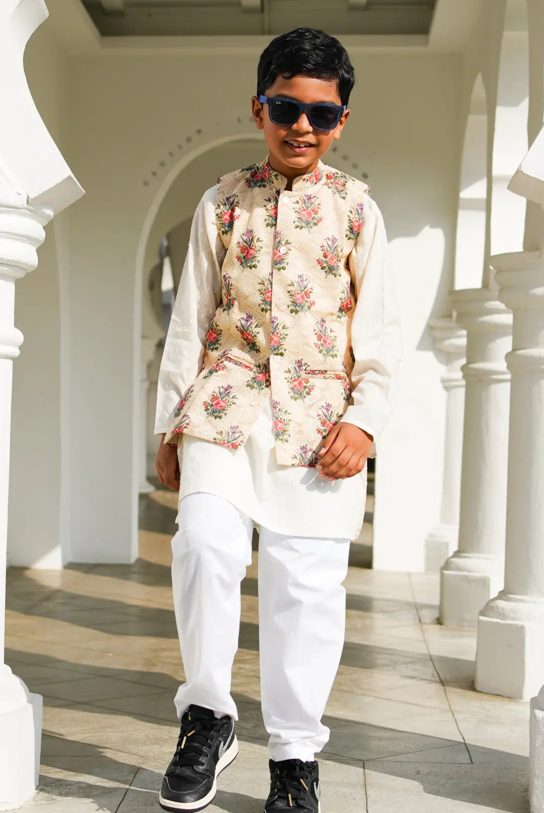 Shan Embroidered Multi-Color Floral Cotton Boys Kurta Pajama Jacket Nimbu