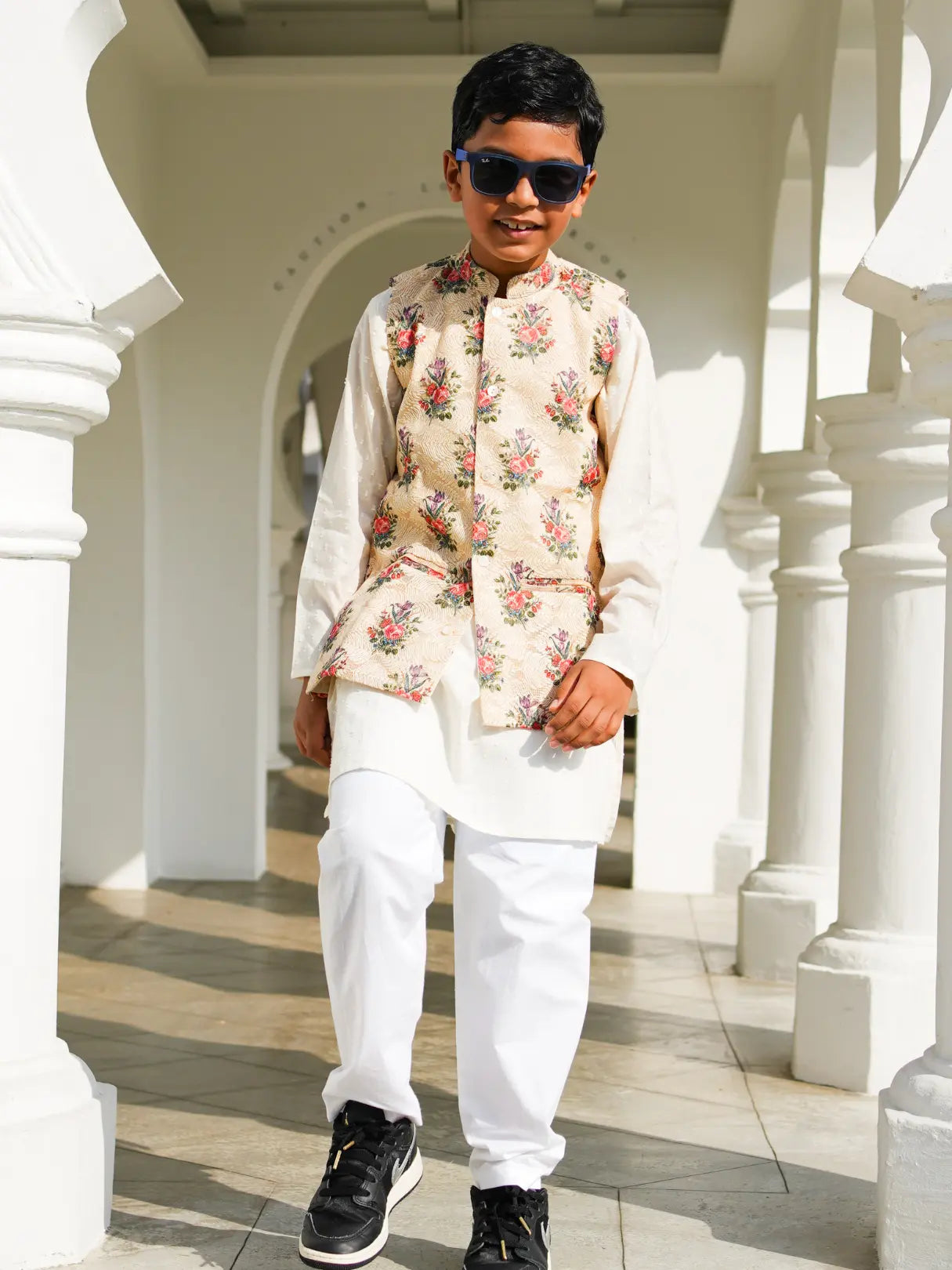 Shan Embroidered Multi-Color Floral Cotton Boys Kurta Pajama Jacket Nimbu