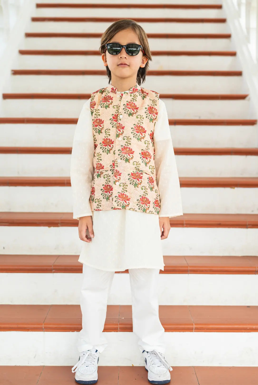 Shan Embroidered Red Rose Boys Cotton Kurta Pajama Jacket Nimbu