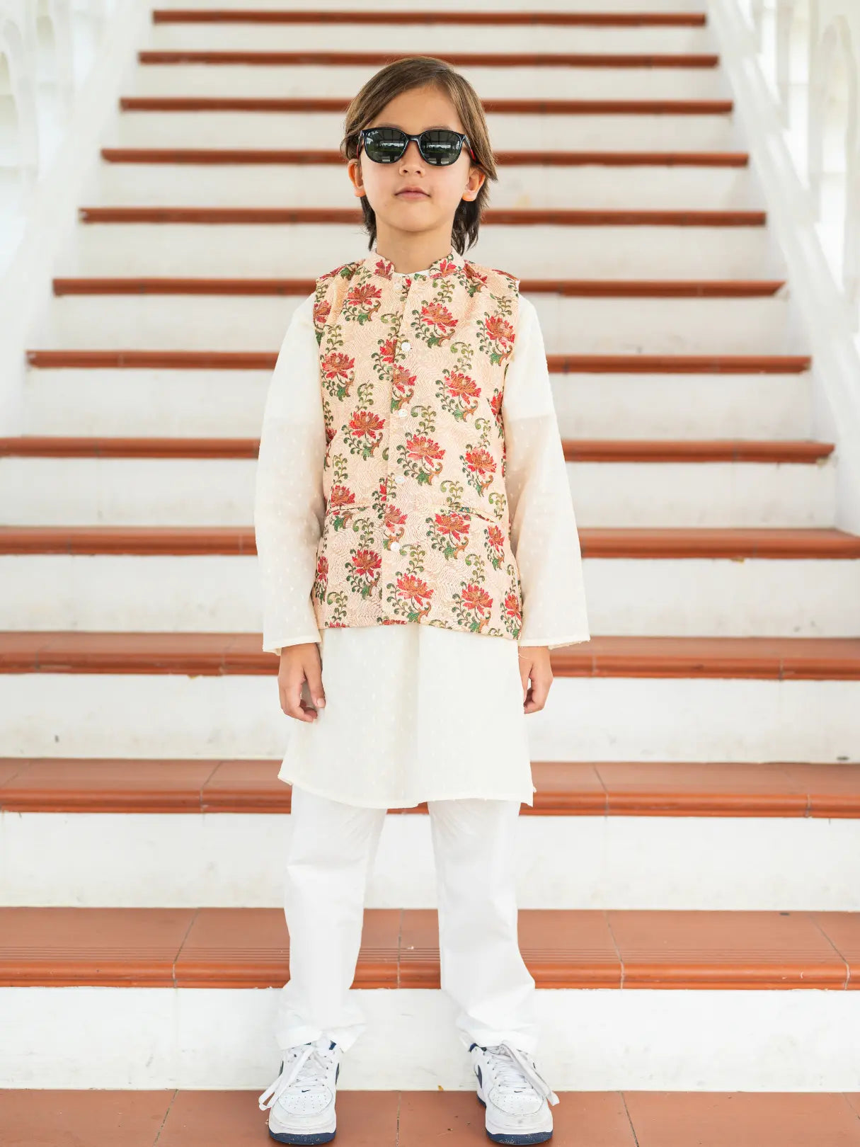 Shan Embroidered Red Rose Boys Cotton Kurta Pajama Jacket Nimbu