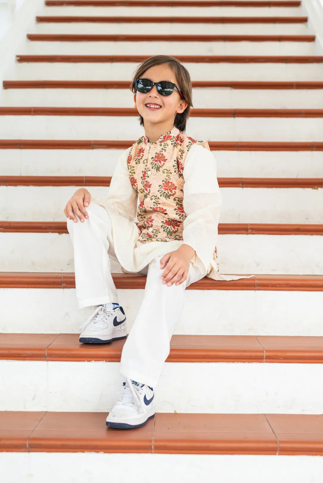 Shan Embroidered Red Rose Boys Cotton Kurta Pajama Jacket Nimbu