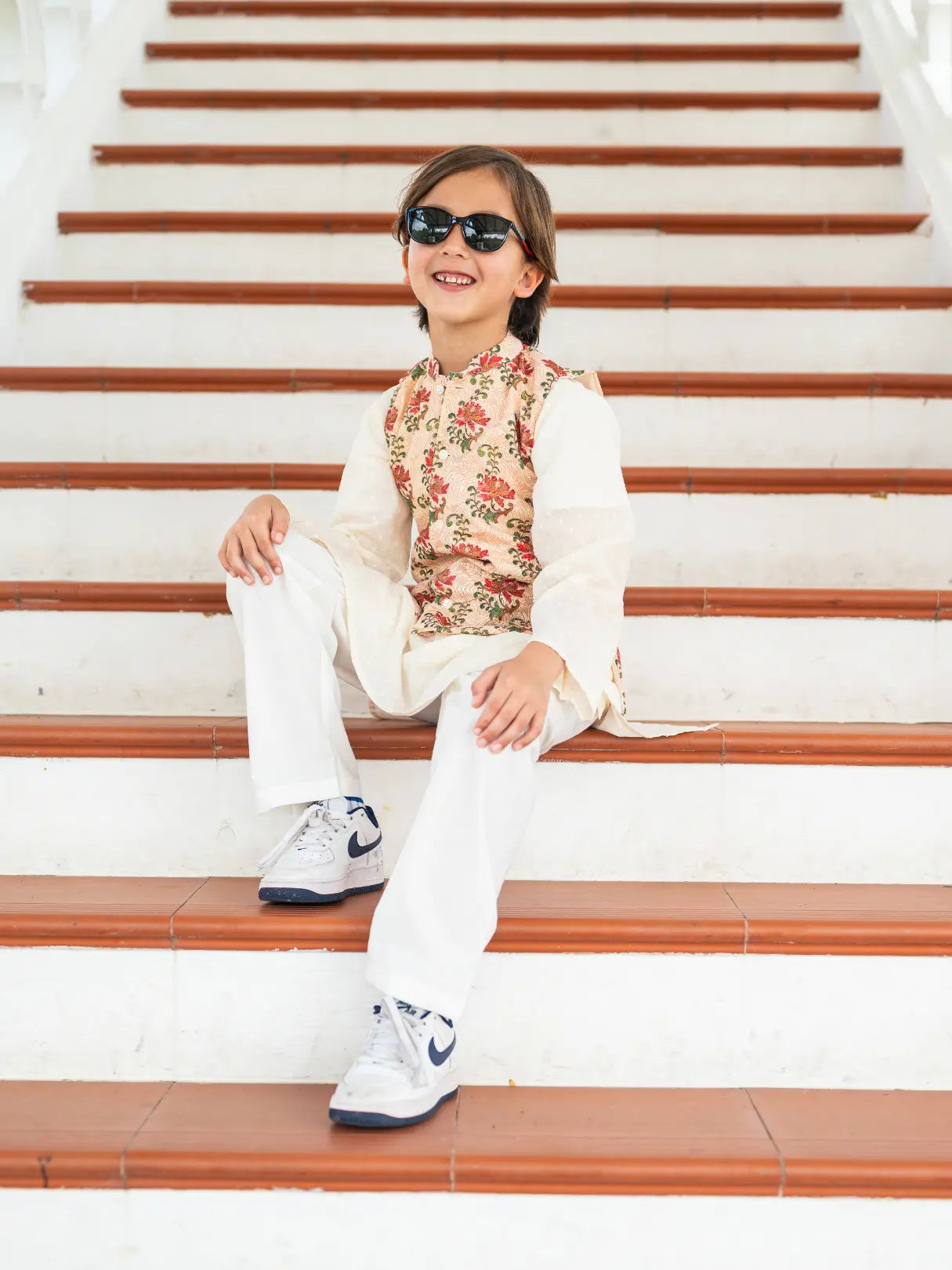 Shan Embroidered Red Rose Boys Cotton Kurta Pajama Jacket Nimbu