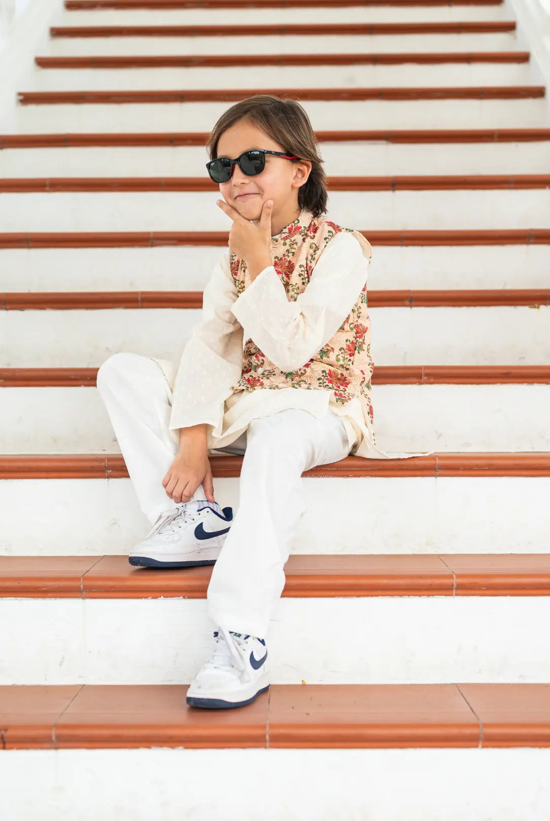 Shan Embroidered Red Rose Boys Cotton Kurta Pajama Jacket Nimbu