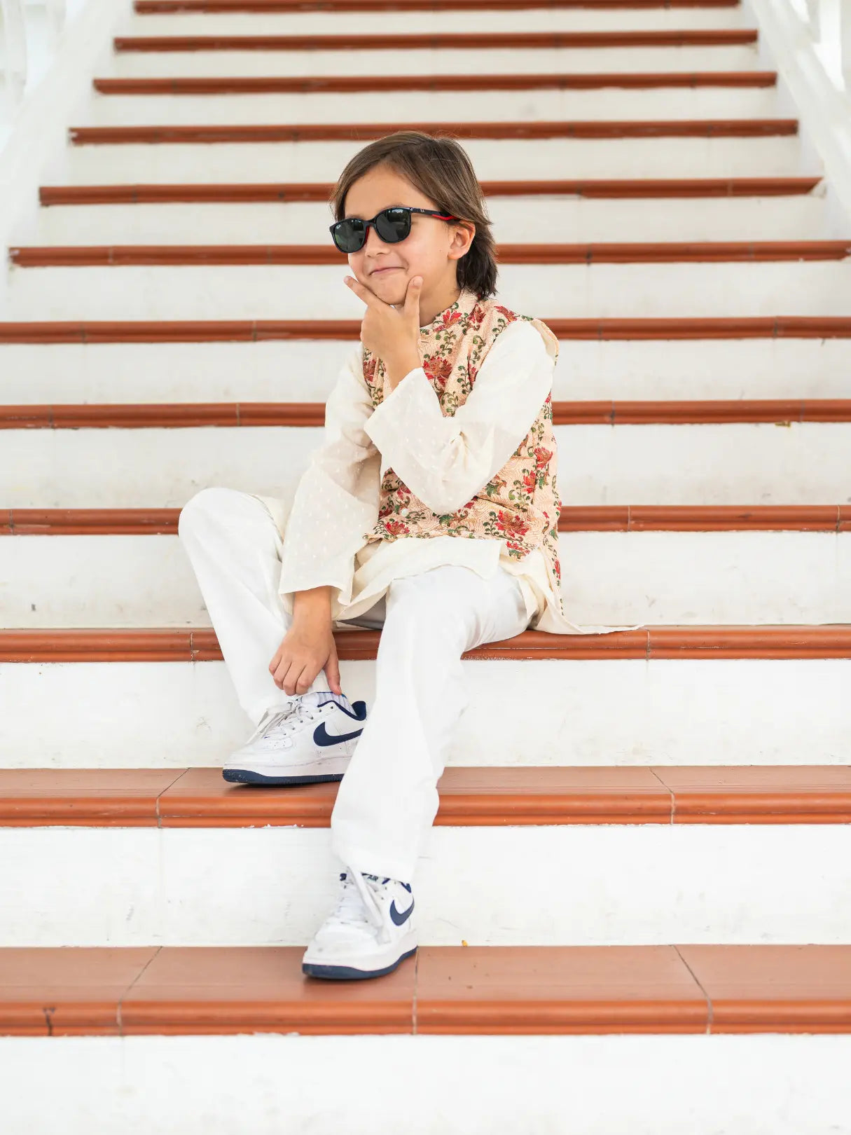 Shan Embroidered Red Rose Boys Cotton Kurta Pajama Jacket Nimbu