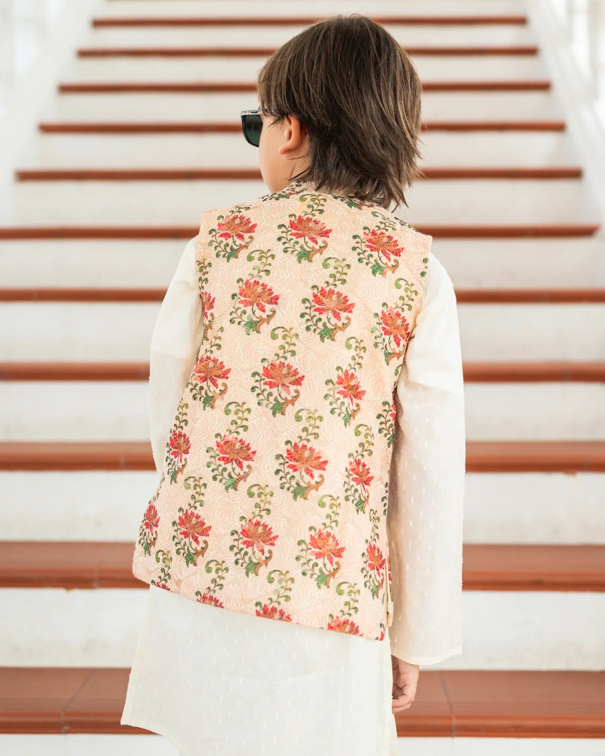 Shan Embroidered Red Rose Boys Cotton Kurta Pajama Jacket Nimbu