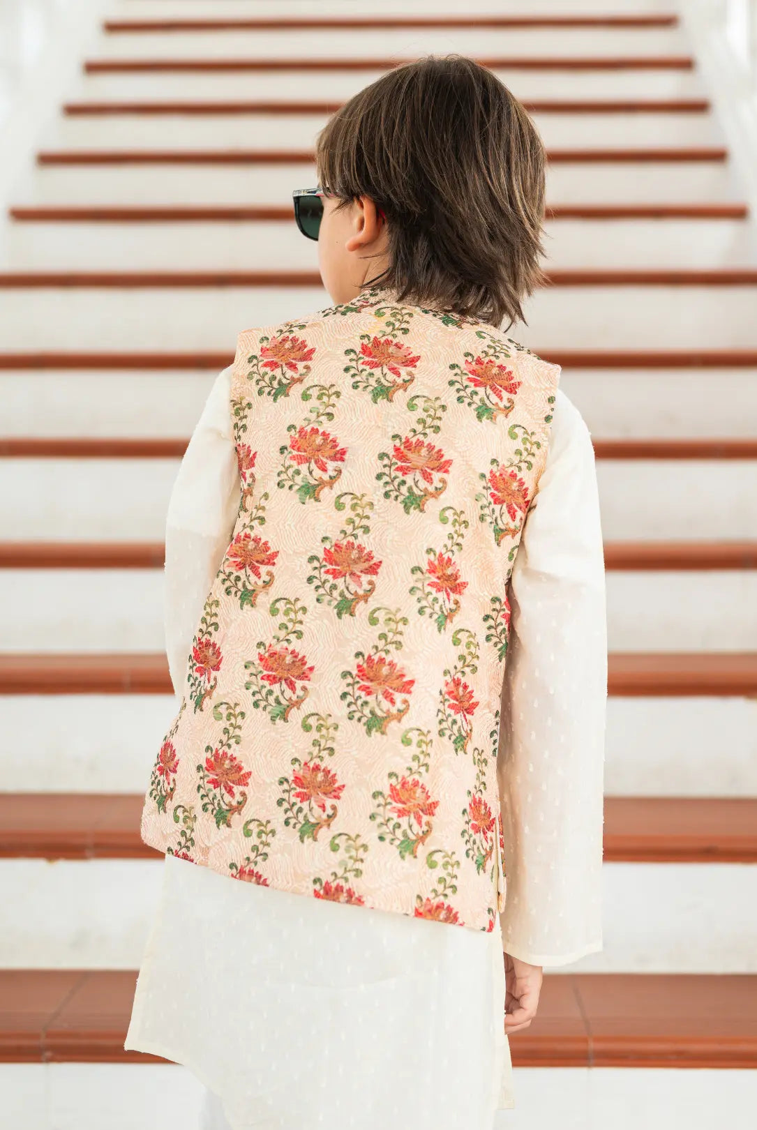 Shan Embroidered Red Rose Boys Cotton Kurta Pajama Jacket Nimbu