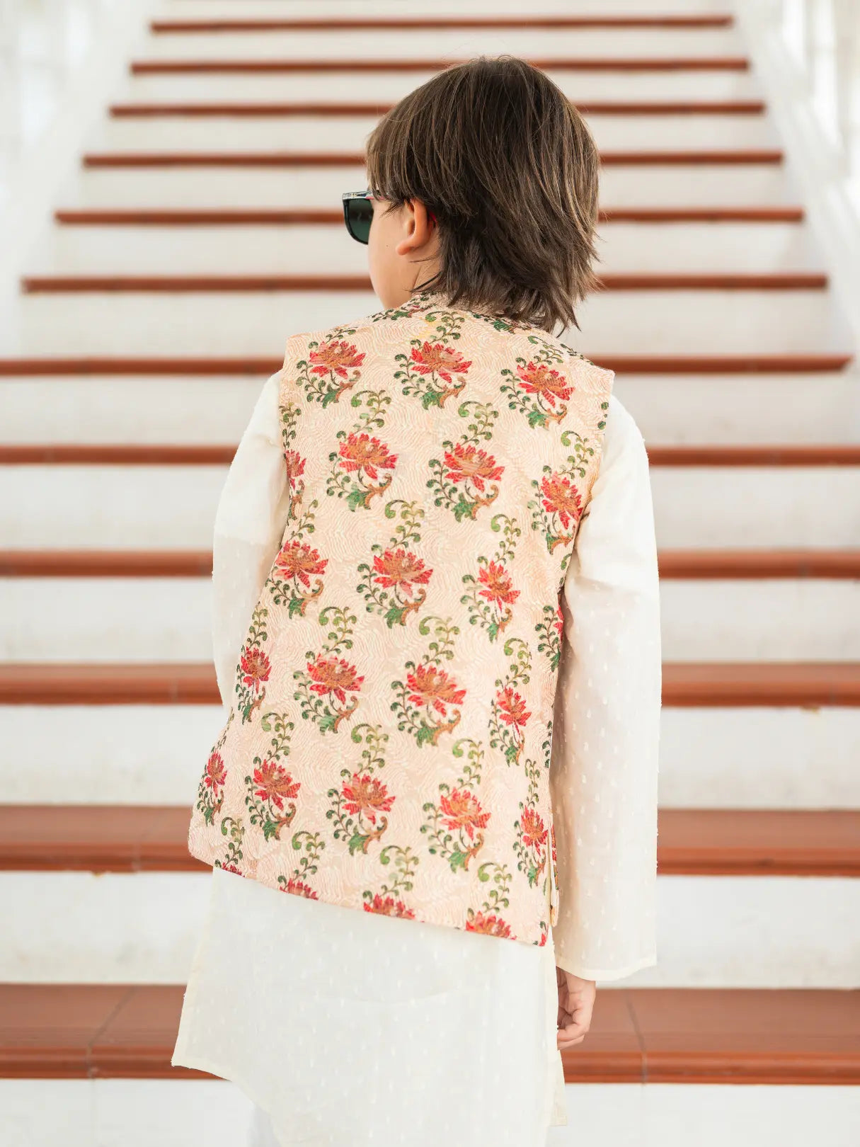 Shan Embroidered Red Rose Boys Cotton Kurta Pajama Jacket Nimbu