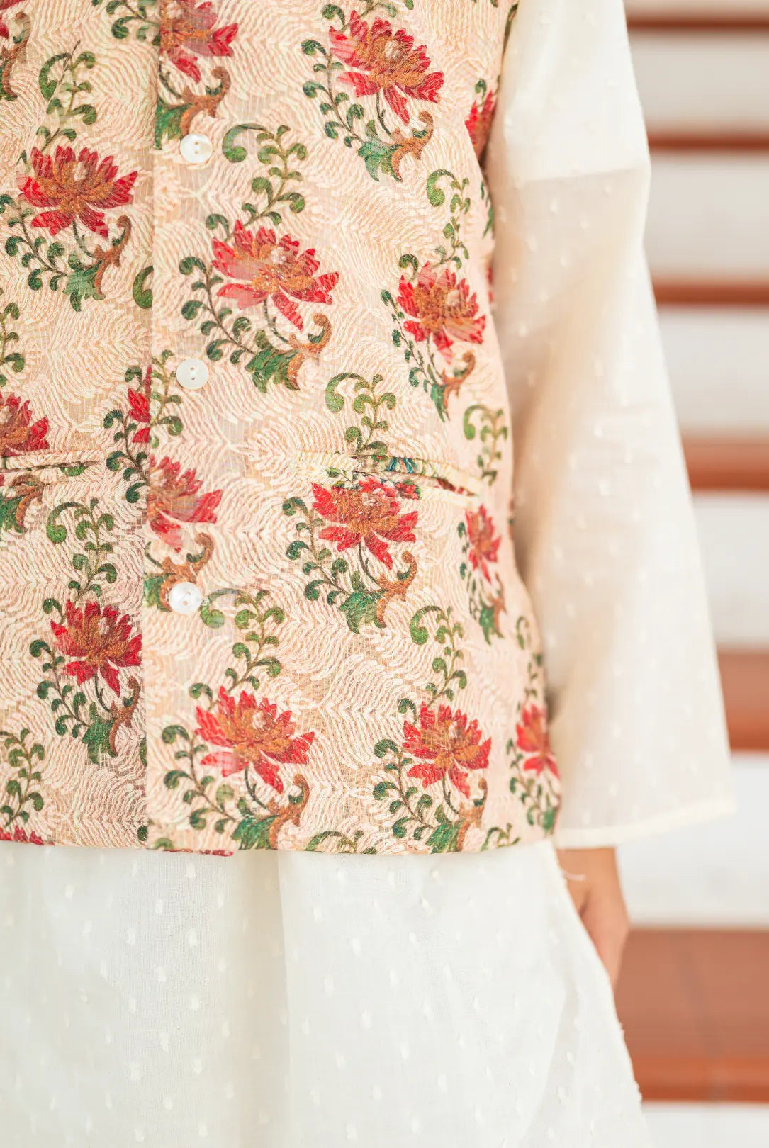 Shan Embroidered Red Rose Boys Cotton Kurta Pajama Jacket Nimbu