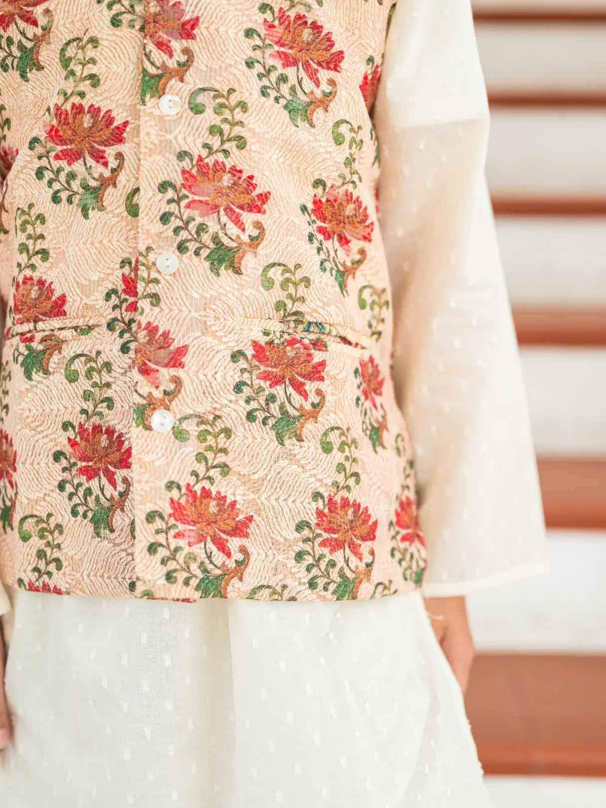 Shan Embroidered Red Rose Boys Cotton Kurta Pajama Jacket Nimbu